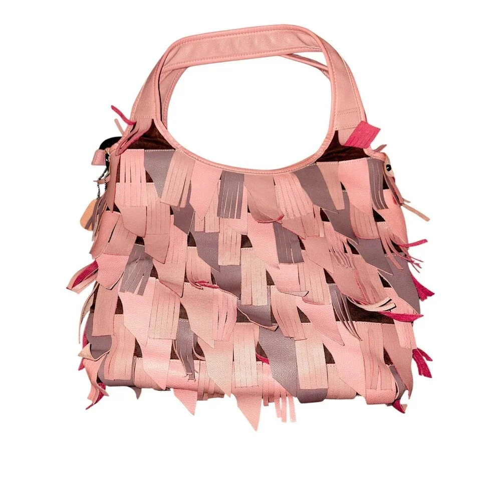 Chaos by Elsie Pink Leather Fringed Hobo Bag Shoulder Bag